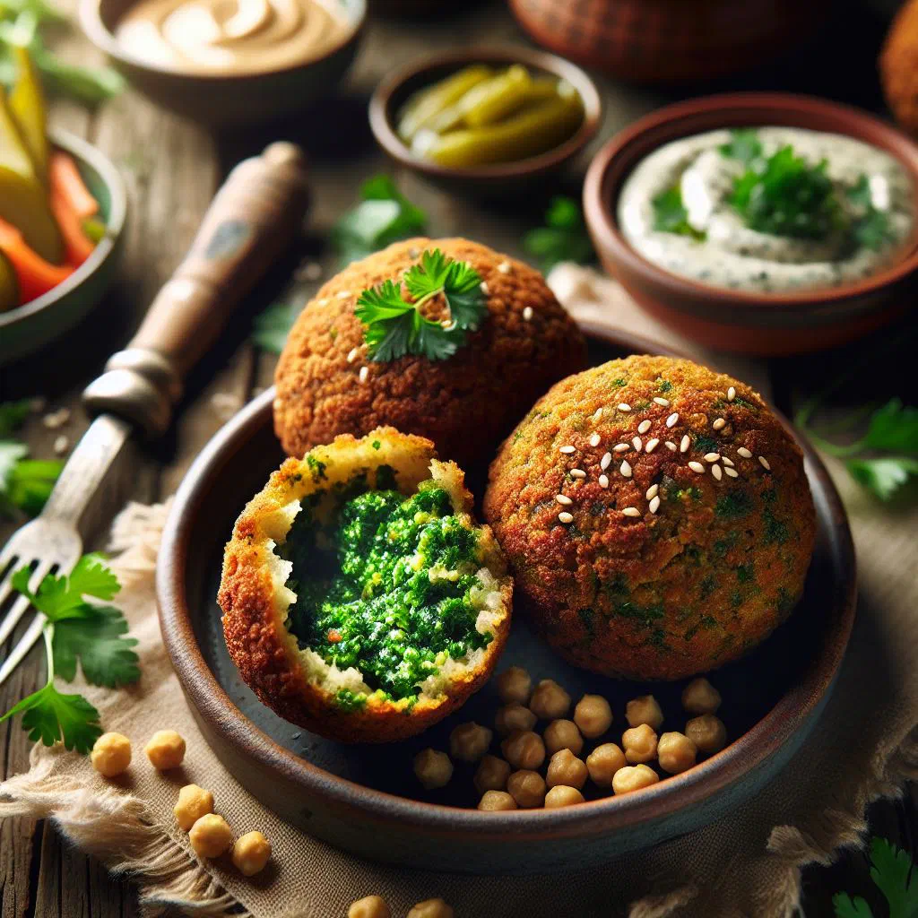 Golden fried falafel balls with fresh herbs and lemon wedges