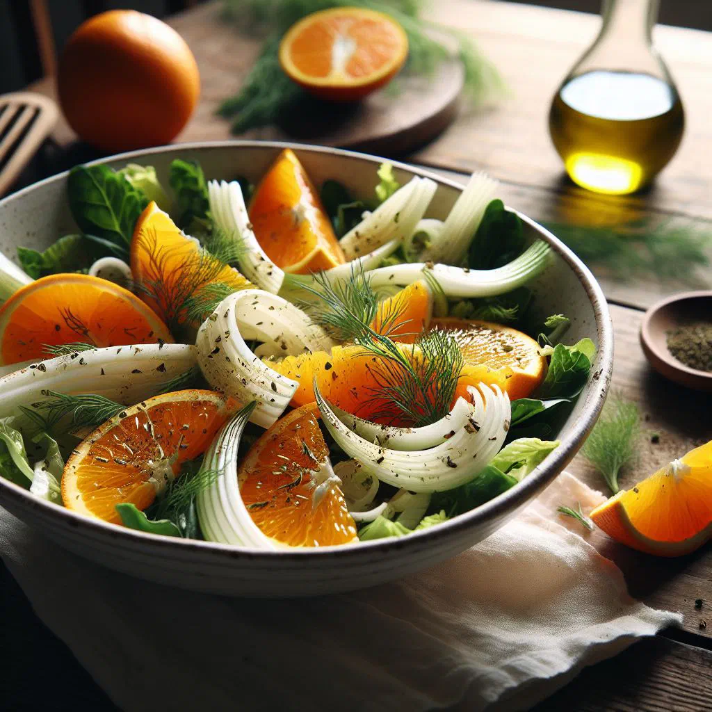 Sliced fennel and orange segments dressed with olive oil and fresh herbs