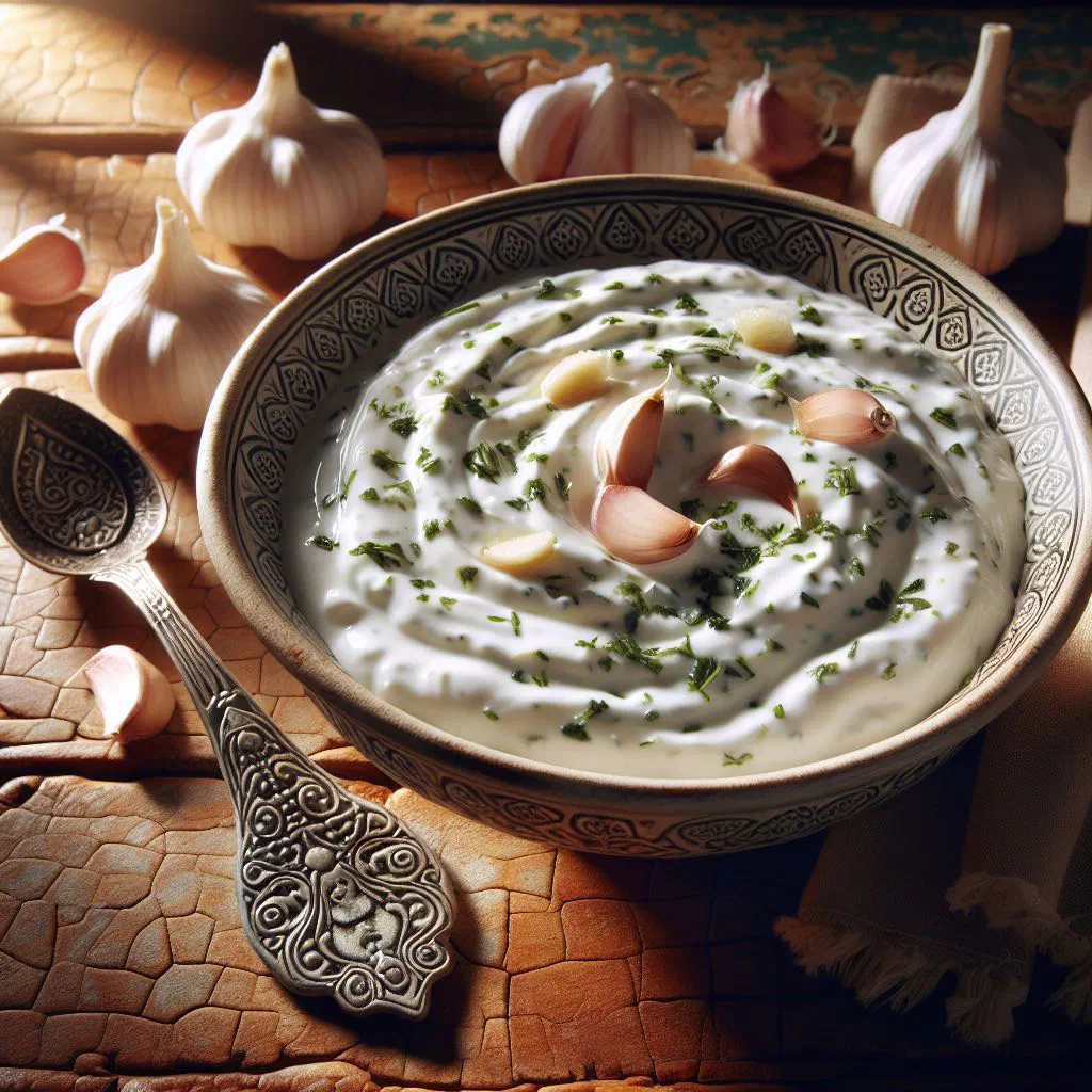 Creamy garlic yogurt dip garnished with olive oil and fresh herbs