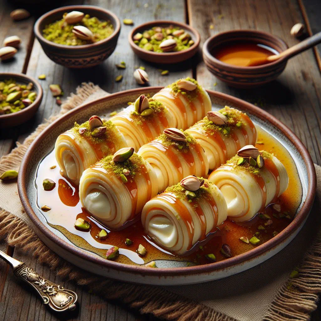 Rolls of halawet el jibn topped with chopped pistachios and cinnamon