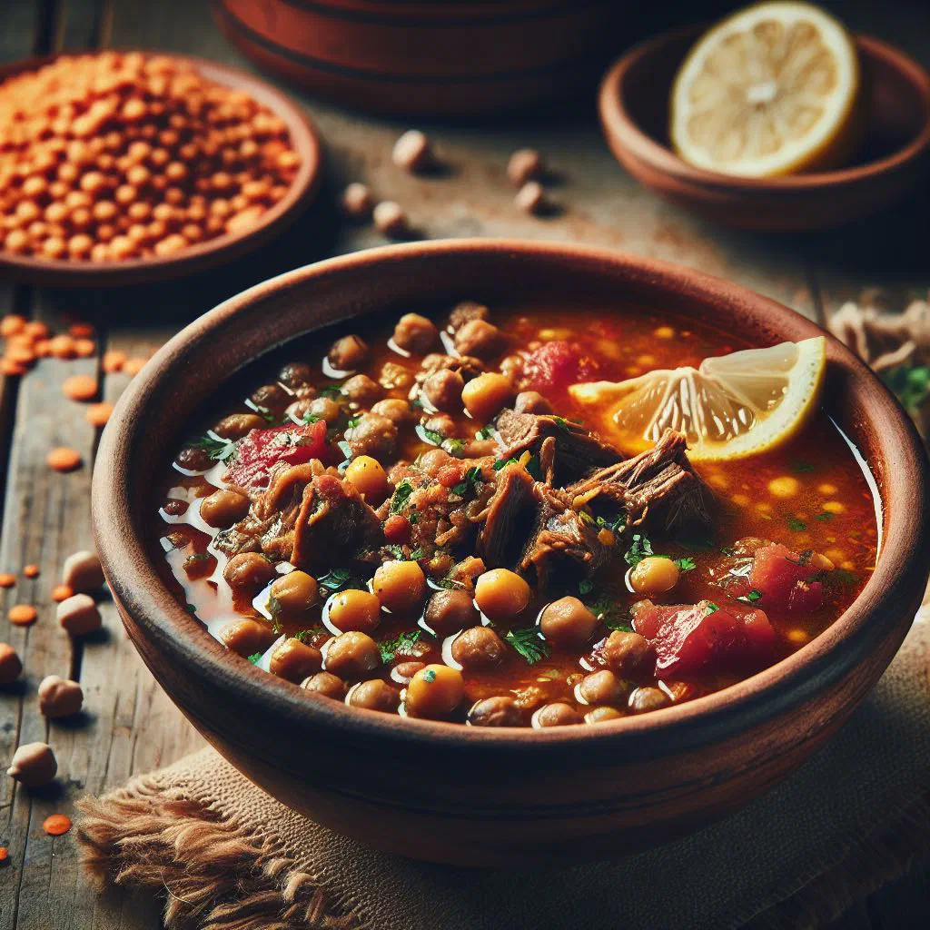 Bowl of Omani harira soup with lentils, chickpeas and fresh coriander