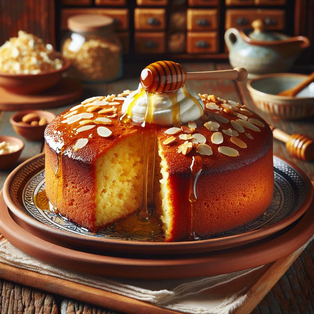 Golden honeyed semolina cake topped with almonds and pistachios