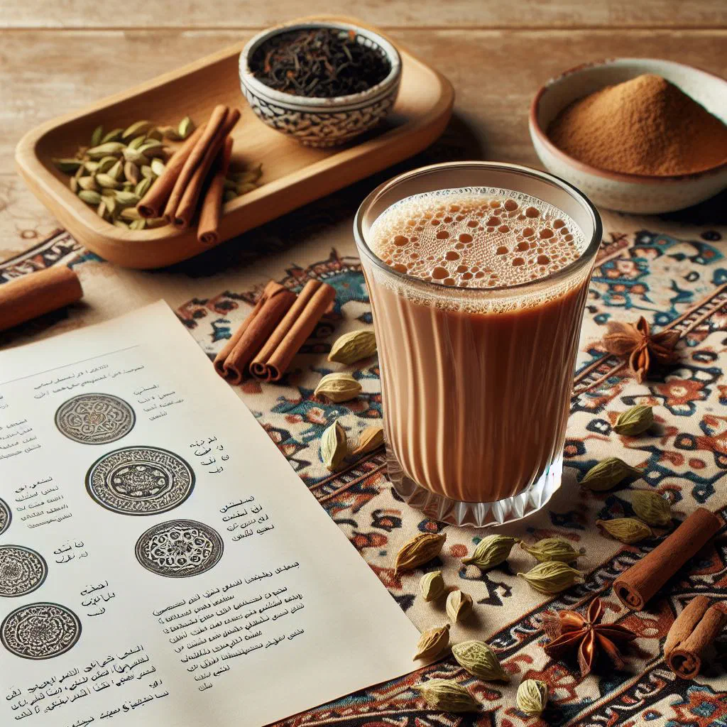 A glass of spiced Omani karak tea with cardamom and cinnamon