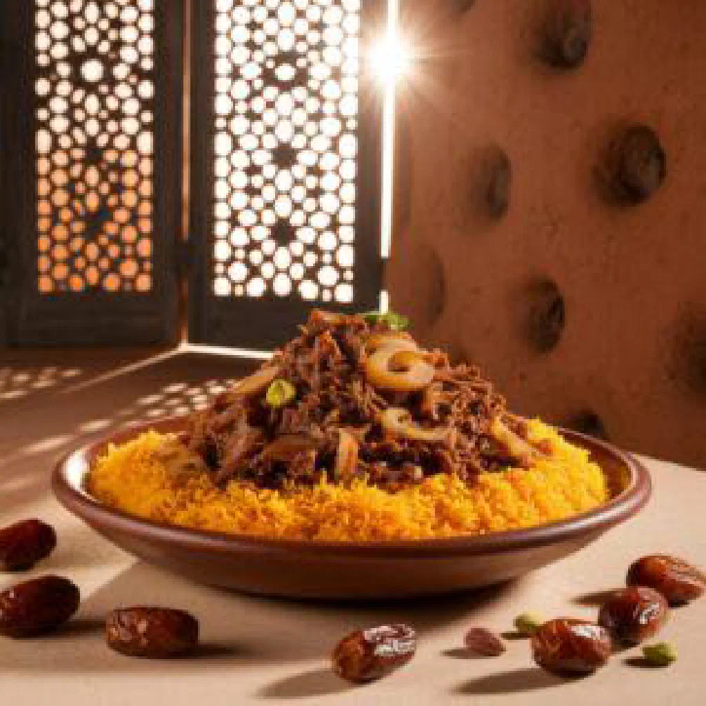 Warm Omani khabeesa date pudding topped with chopped nuts
