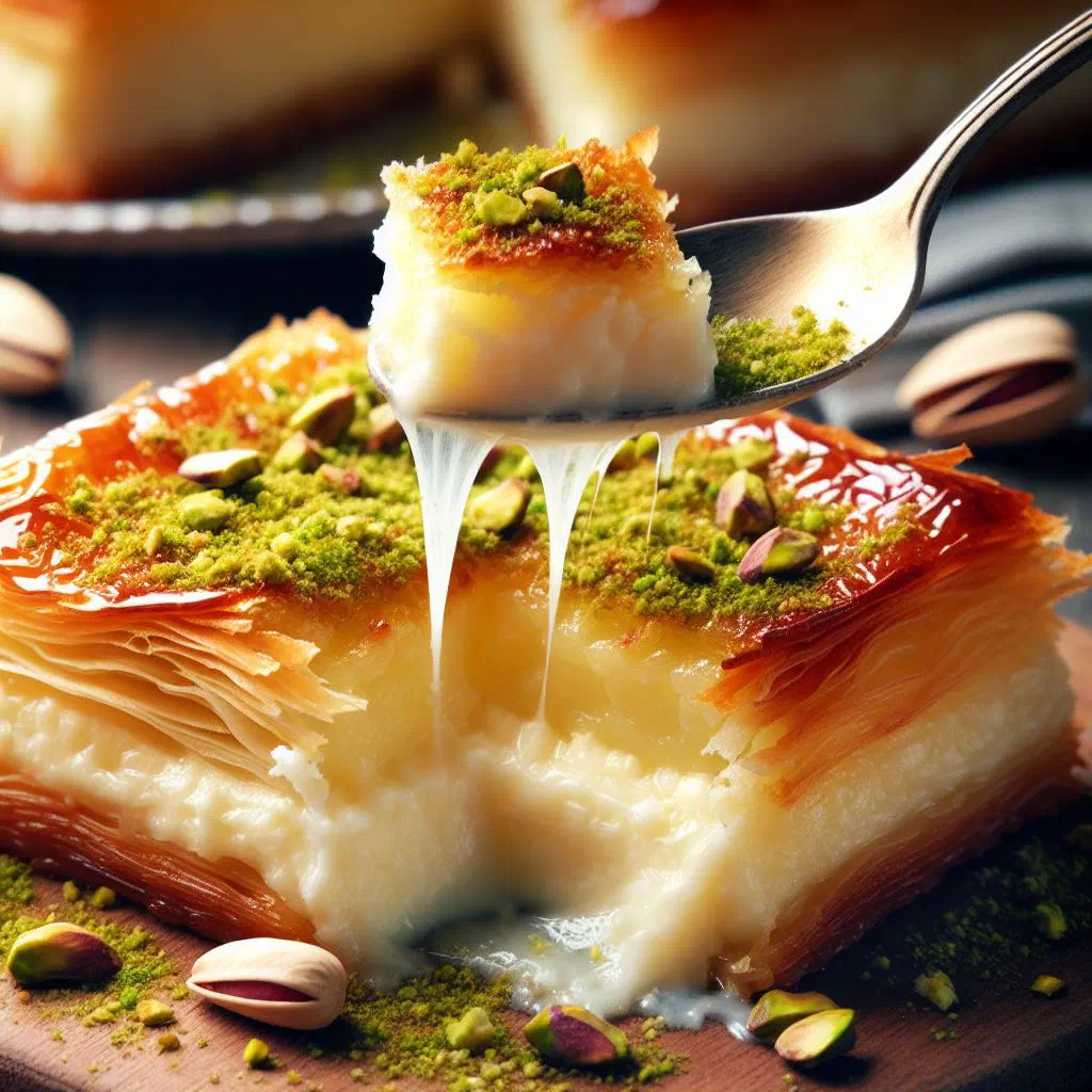 Golden baked knafeh drizzled with sugar syrup and topped with chopped pistachios