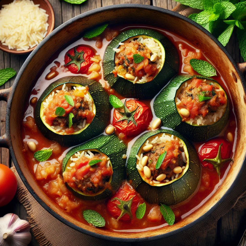 Stuffed courgettes filled with spiced mince and rice, garnished with fresh herbs