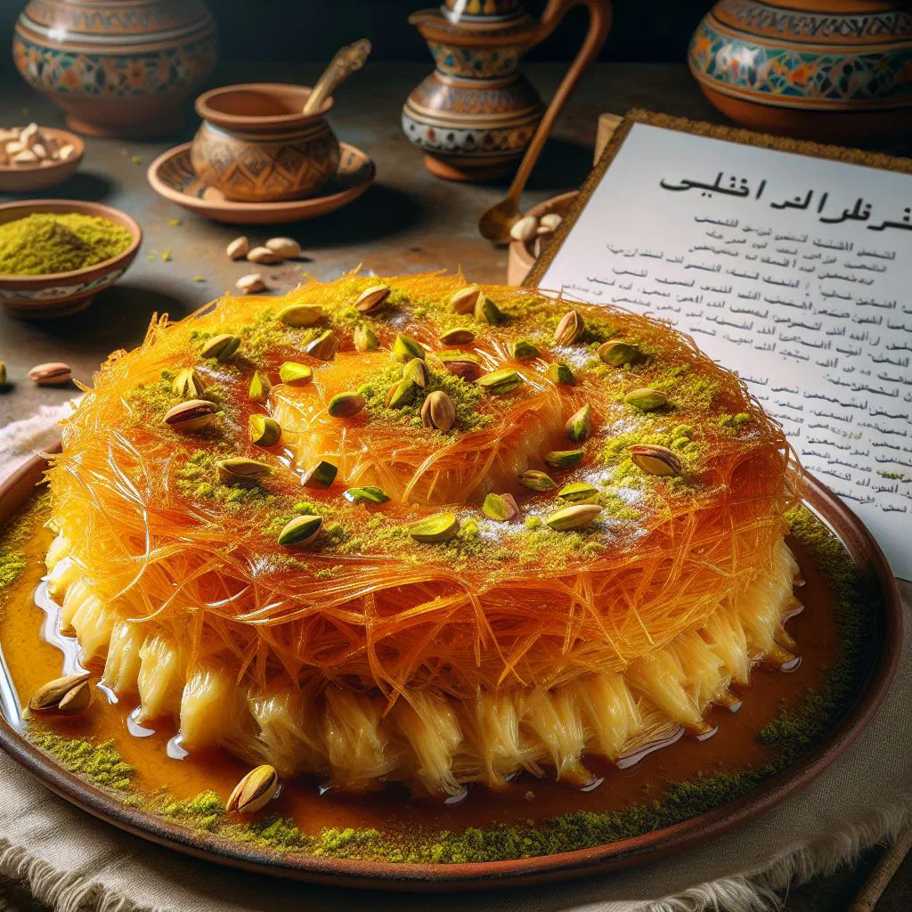 Golden baked kunafa topped with chopped pistachios and sugar syrup