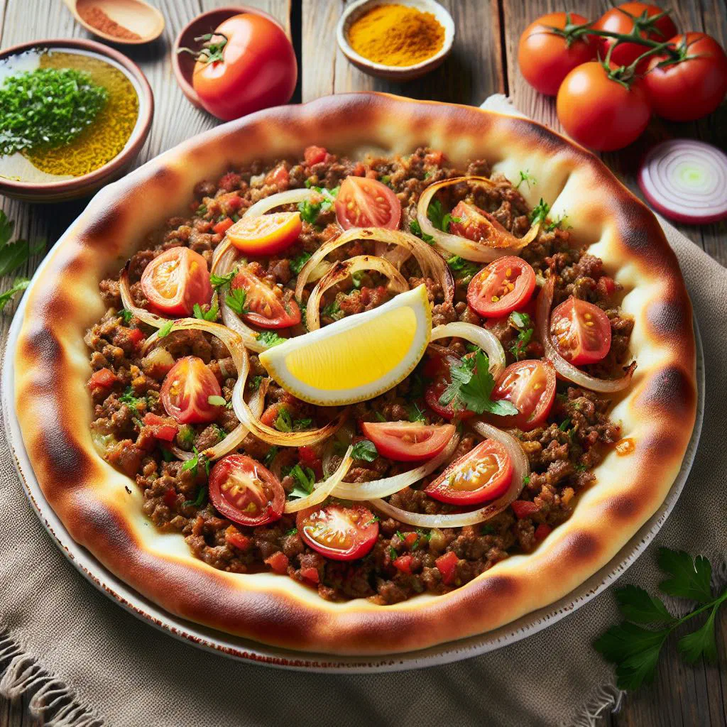 Lahm bil ajeen flatbreads topped with spiced minced meat and parsley
