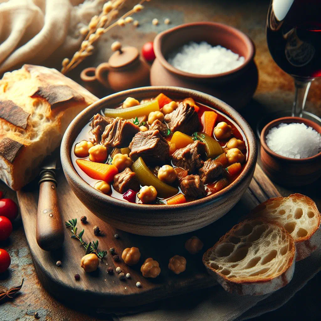 Bowl of Omani lamb stew with chickpeas garnished with fresh coriander
