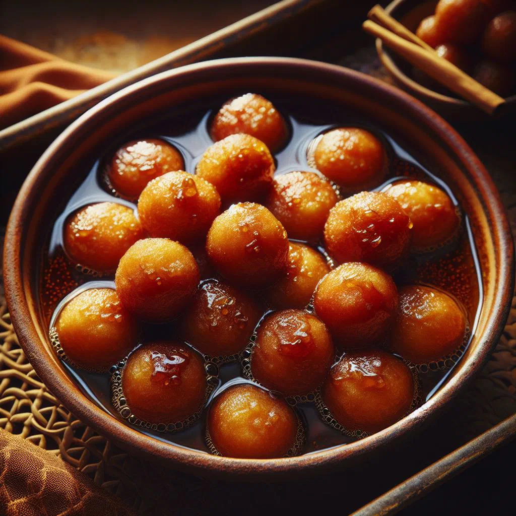 Golden fried luqaimat dumplings drizzled with date syrup and pistachios