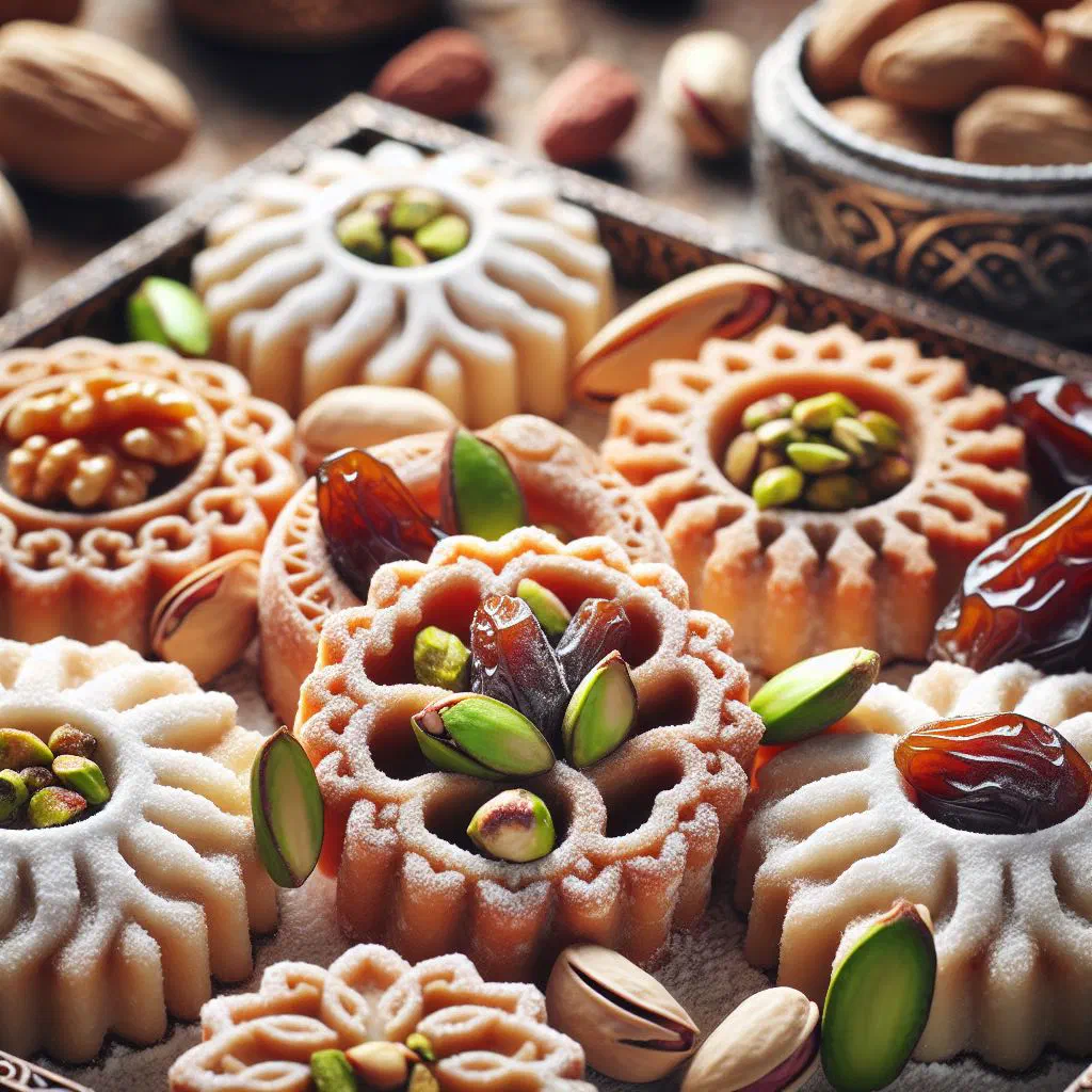 Maamoul date-filled shortbread cookies dusted with icing sugar