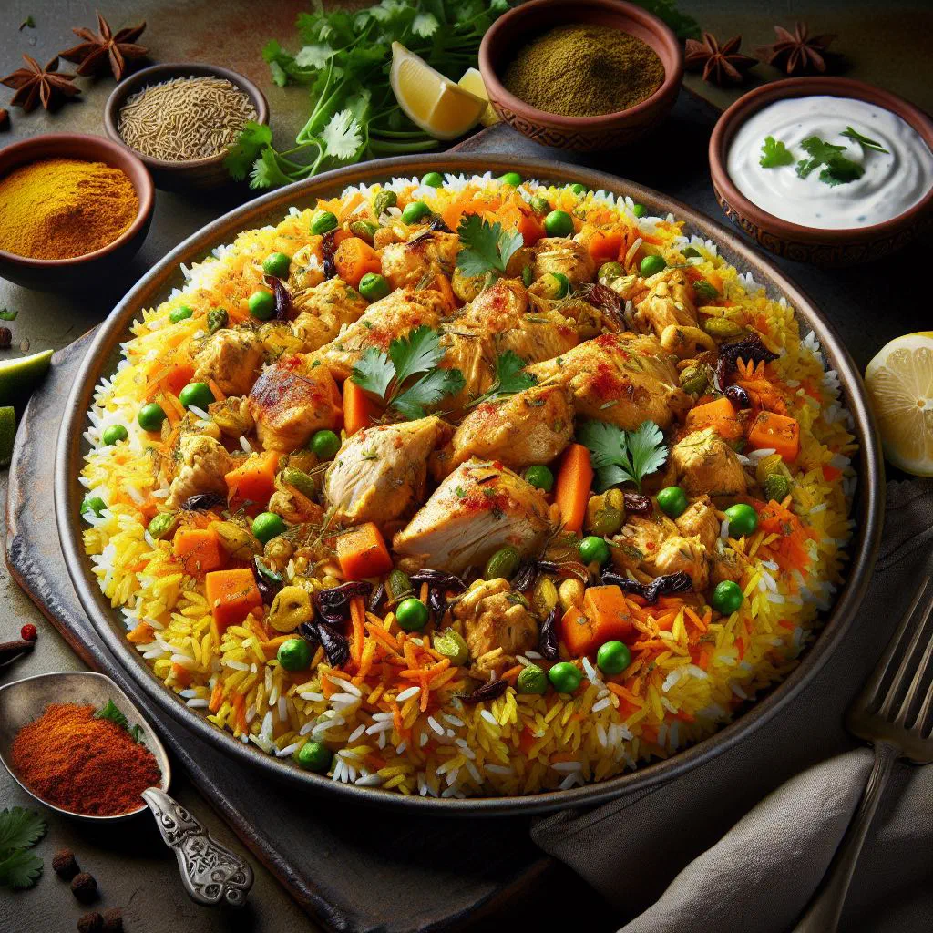 Fragrant Omani machboos with spiced basmati rice and tender chicken