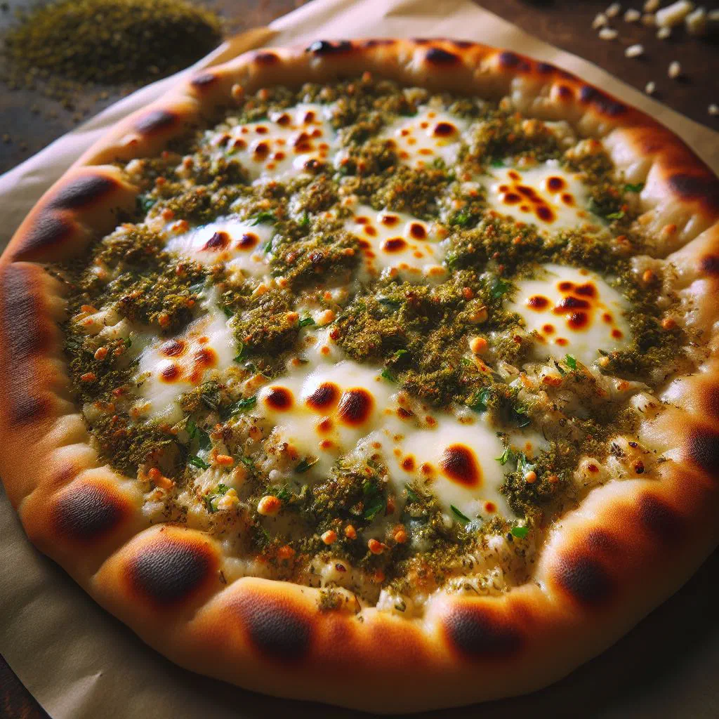 Freshly baked manakeesh flatbread topped with zaatar and olive oil