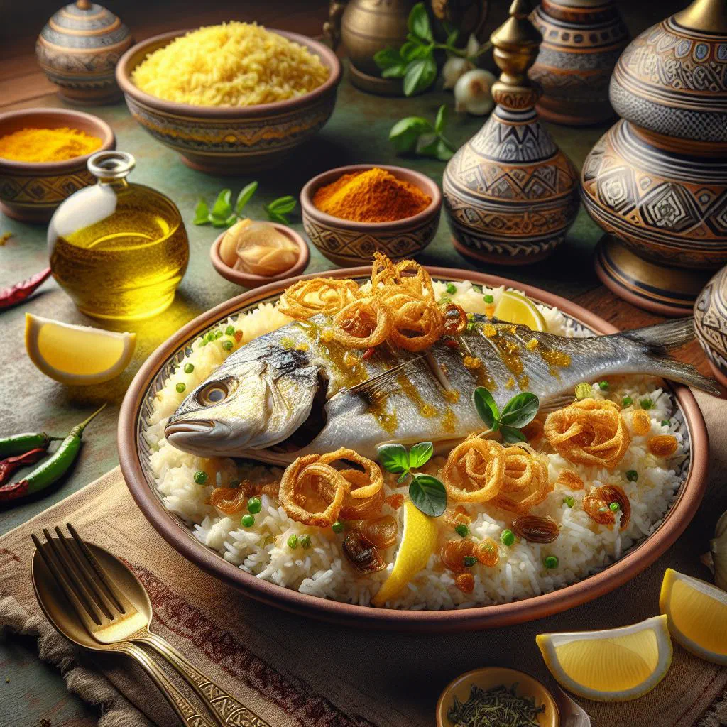 Grilled sea bass served on a bed of lemon rice with fresh coriander