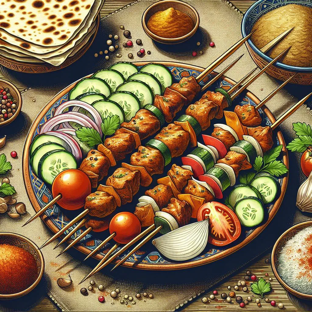 Grilled mishkak skewers of marinated meat with flatbread and dips