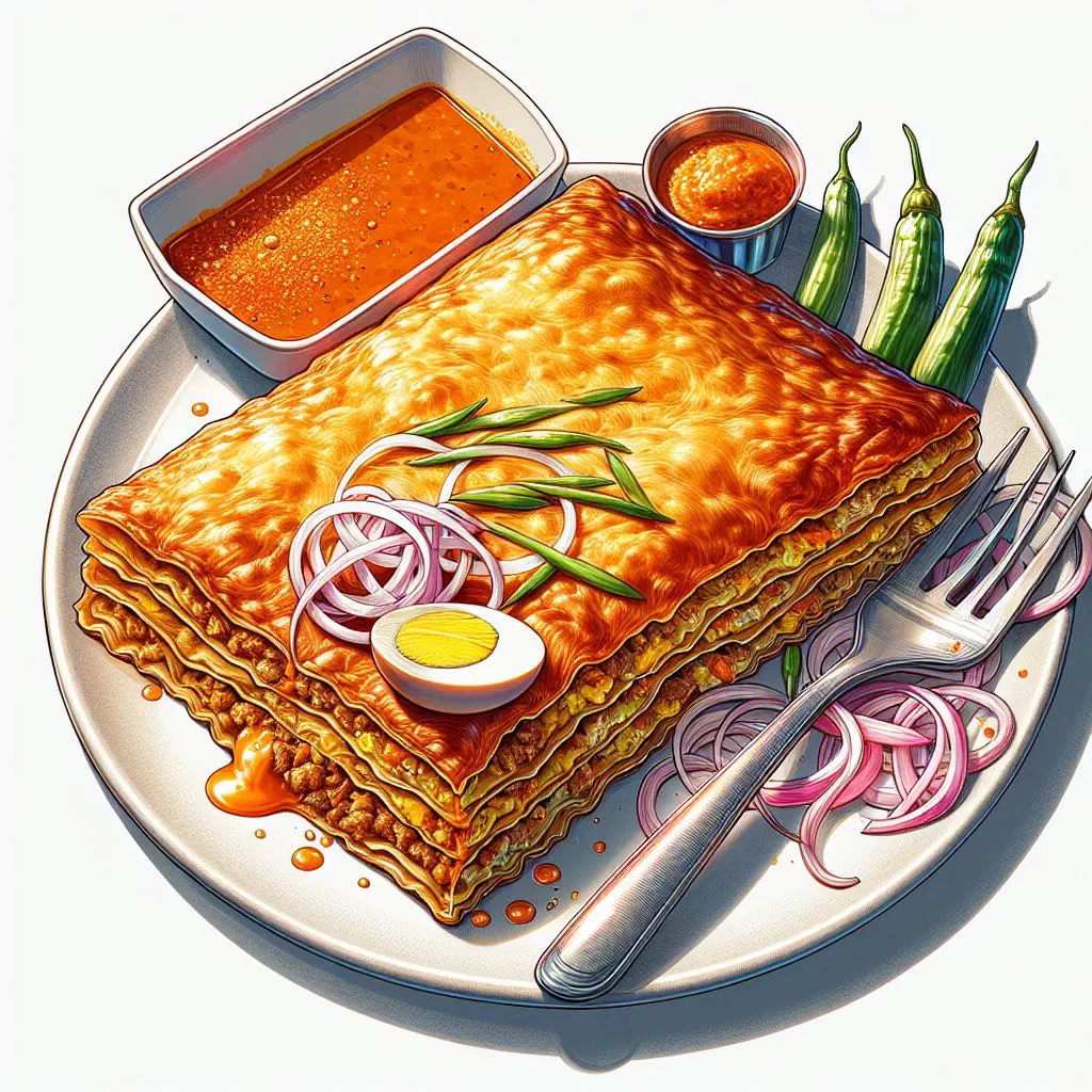 Golden pan-fried murtabak stuffed with spiced meat, sliced open on a plate