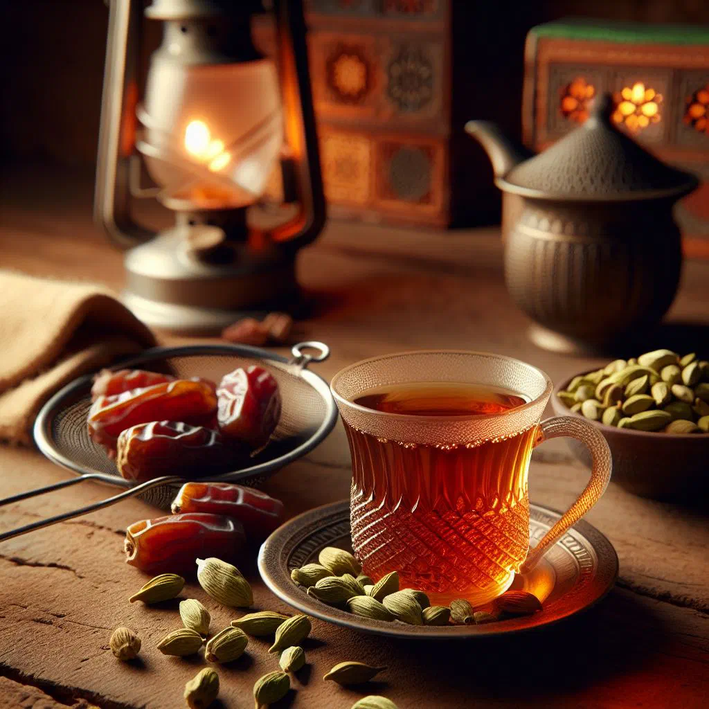 A glass of spiced Omani cardamom tea with whole cardamom pods