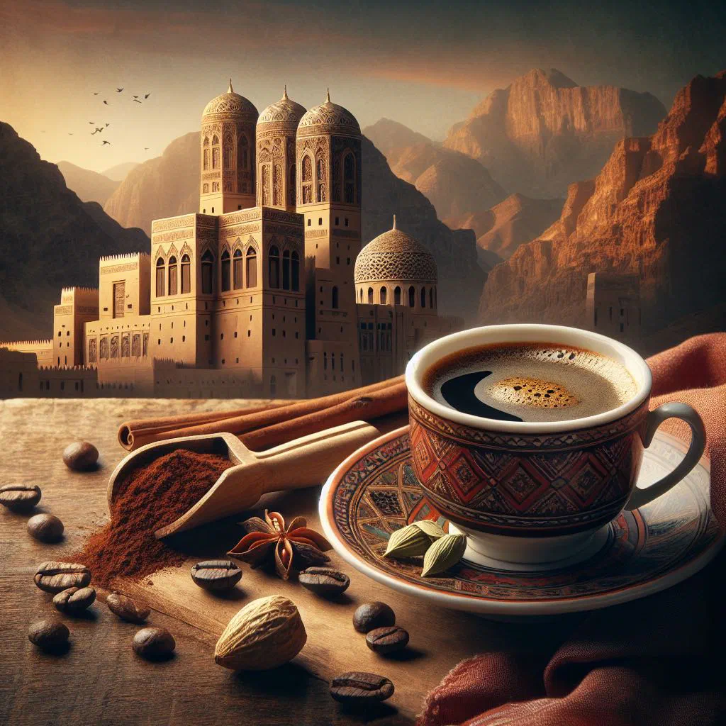 Omani coffee served in a traditional dallah pot with small cups and dates