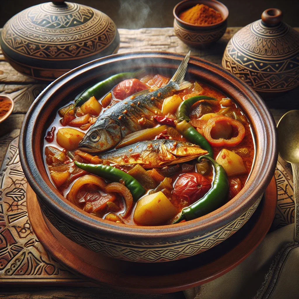 A bowl of Omani fish stew with vegetables and fresh coriander