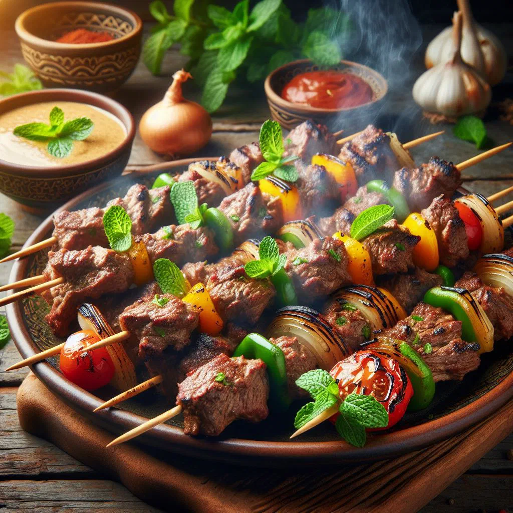 Grilled Omani lamb kebabs on skewers with fresh herbs