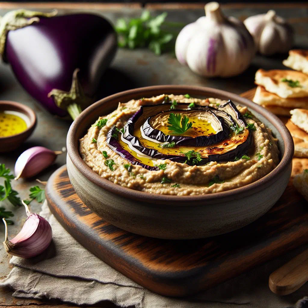Smoky roasted eggplant dip drizzled with olive oil and garnished with parsley