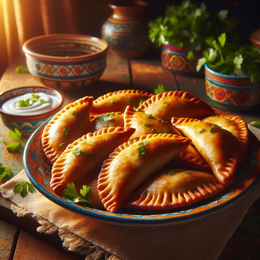 Golden, crispy sambousek pastries stacked on a plate