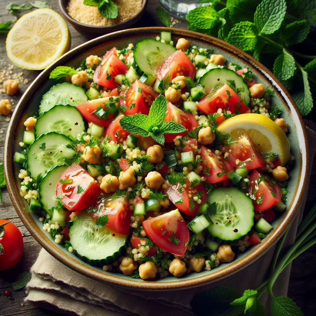 Fresh tabbouleh salad with parsley, mint, tomatoes and bulgur wheat