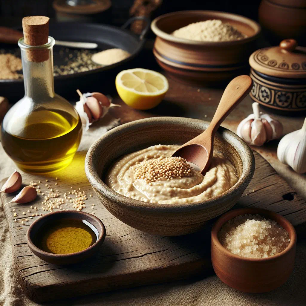 A bowl of creamy tahini sauce drizzled with olive oil and garnished with herbs