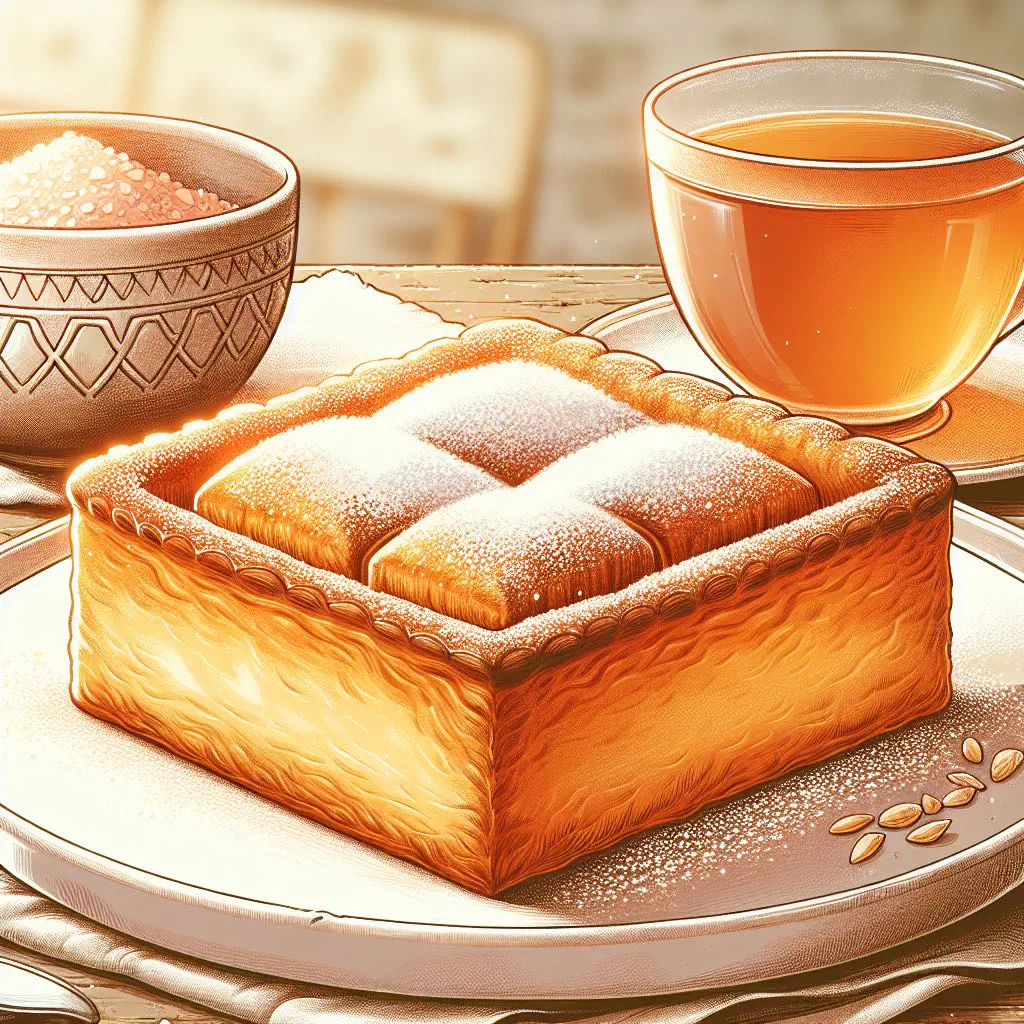 Golden baked filo pastry filled with spiced lamb, sliced and served on a plate