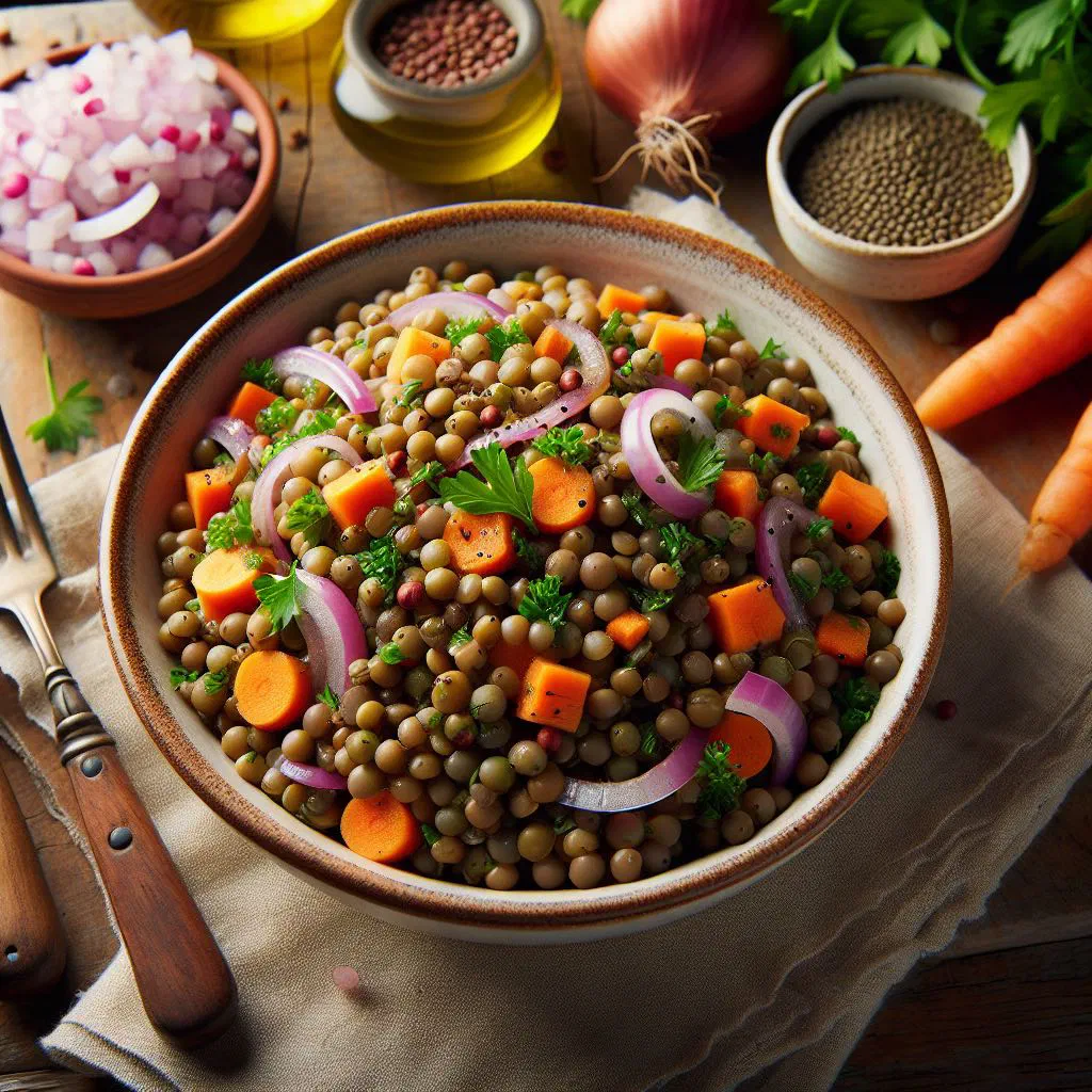 Warm lentil salad with diced vegetables and fresh herbs in a bowl