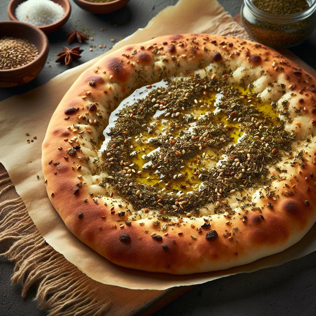 Freshly baked zaatar manakish flatbread brushed with herb and olive oil topping