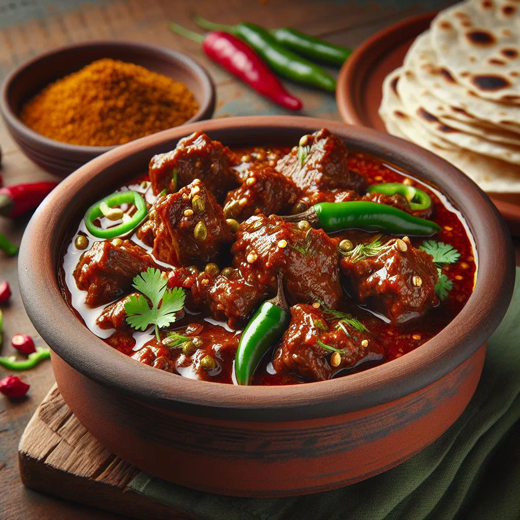 Achar gosht curry with tender meat and pickling spices, garnished with fresh coriander