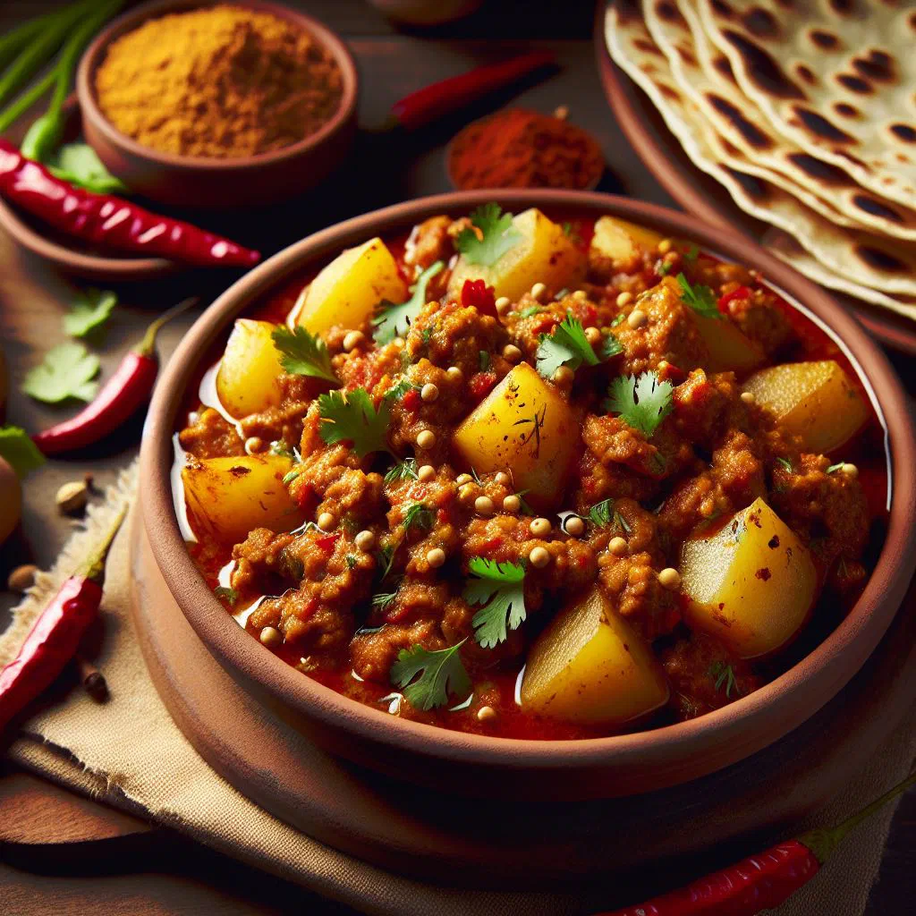 Aloo keema with minced meat, potatoes and fresh coriander