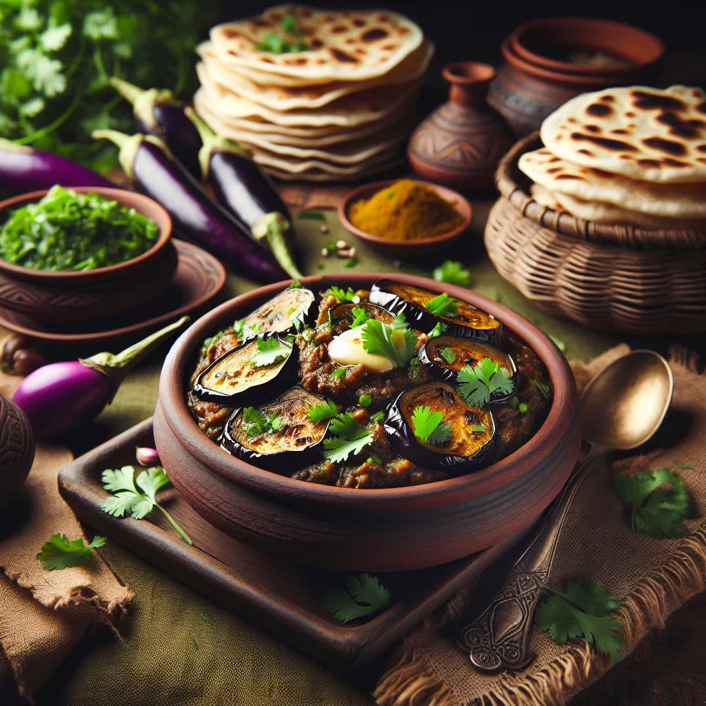 Smoky mashed aubergine baingan bharta garnished with fresh coriander