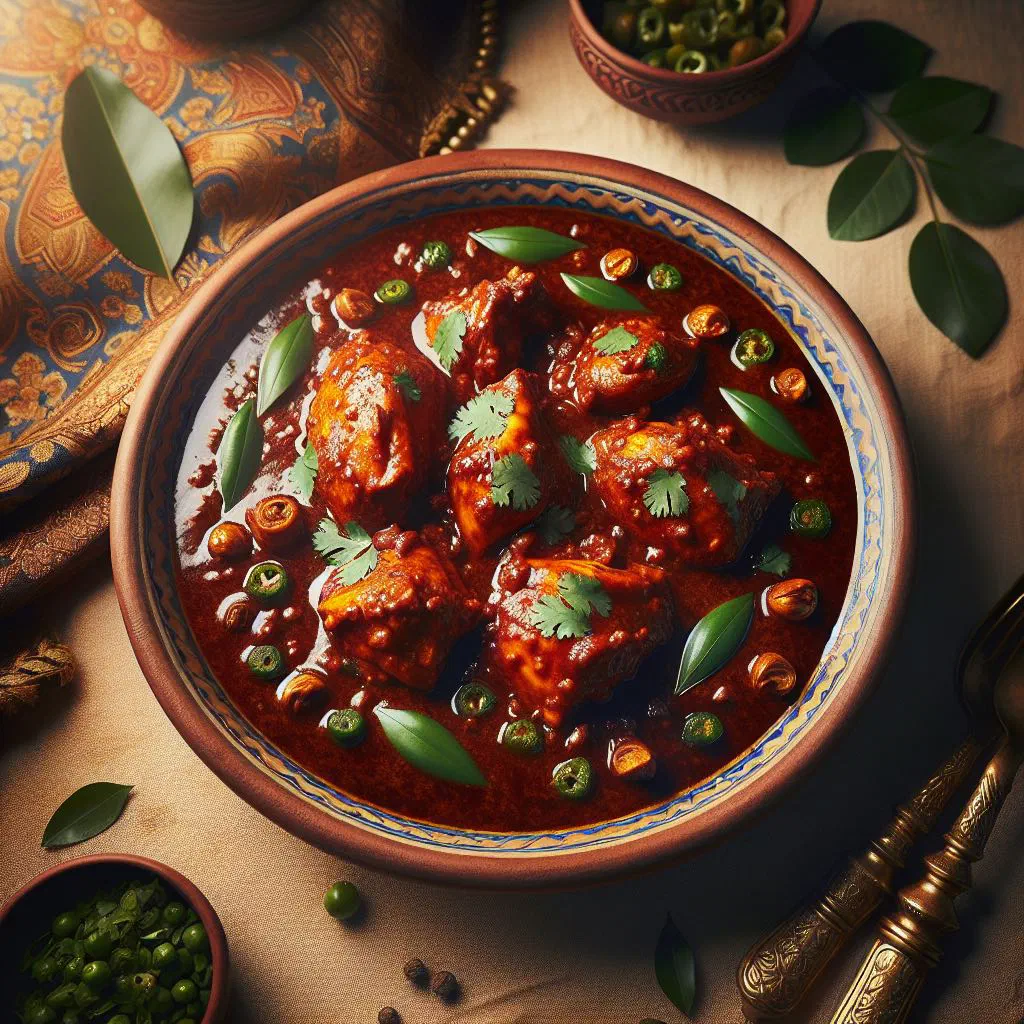 Bhuna chicken in a thick spiced sauce garnished with fresh coriander