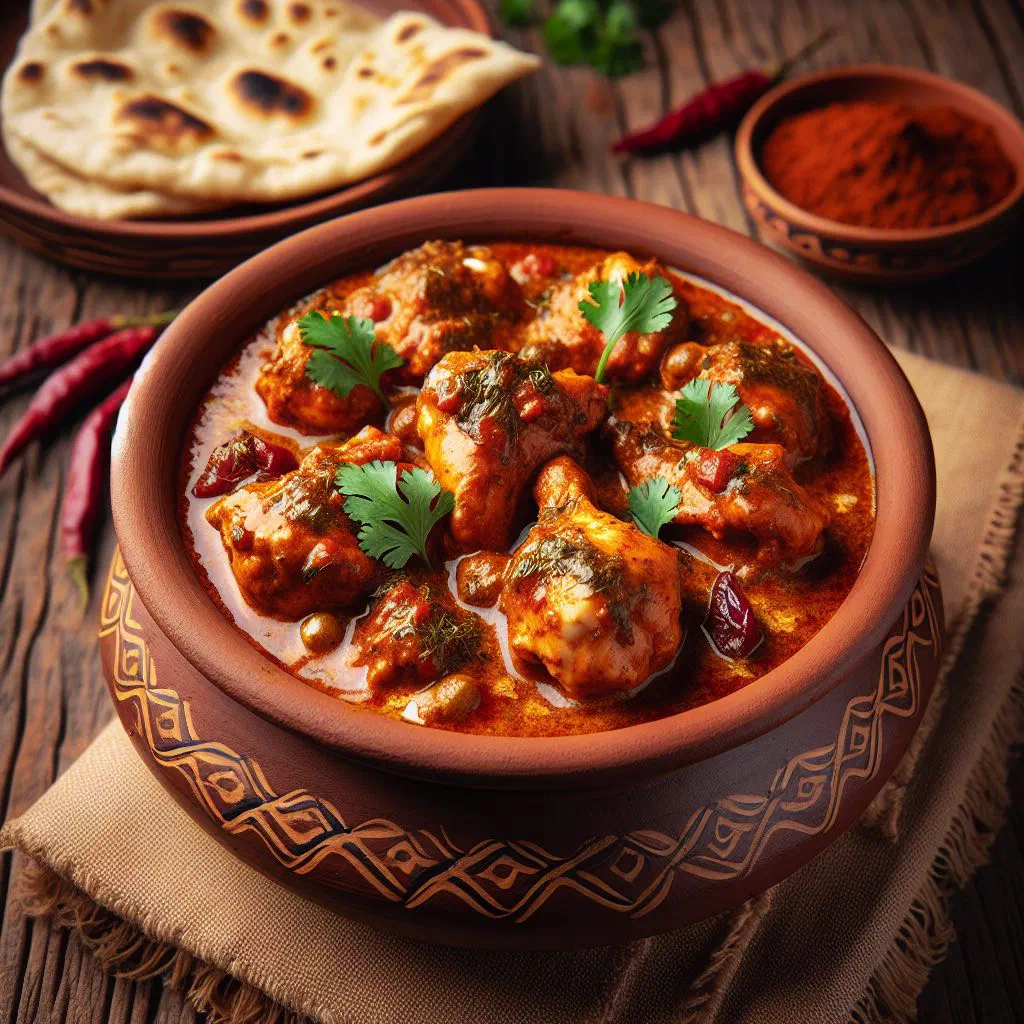 Creamy chicken handi garnished with fresh coriander in a clay pot