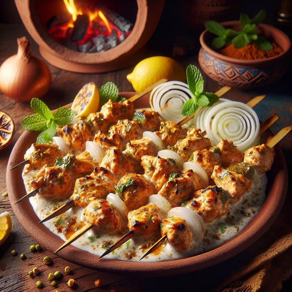 Skewers of creamy grilled chicken malai boti garnished with fresh coriander