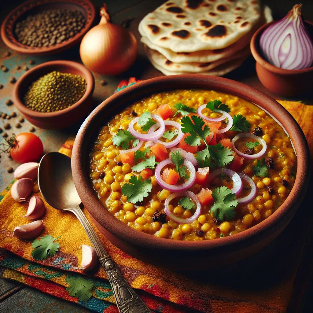 A bowl of Pakistani daal fry garnished with fresh coriander