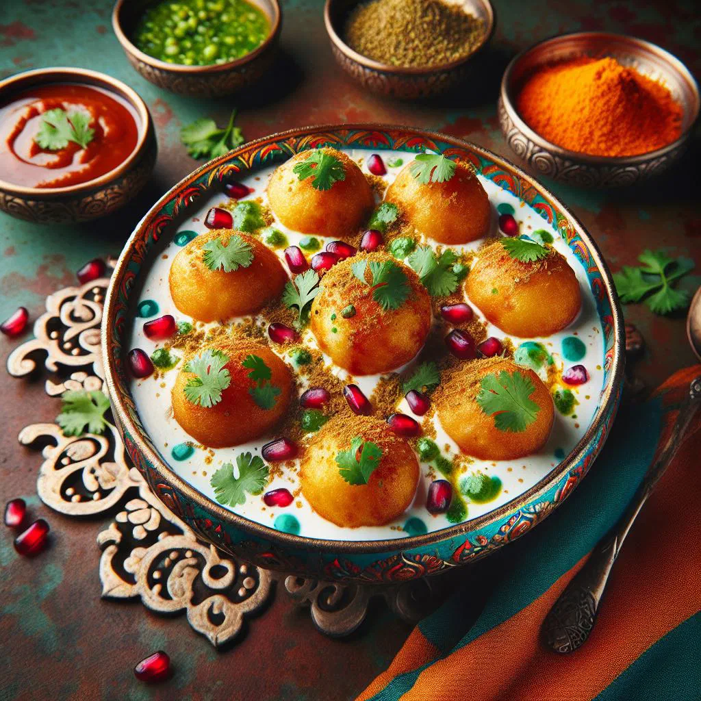 Dahi bhalla lentil dumplings topped with yoghurt, coriander and spices