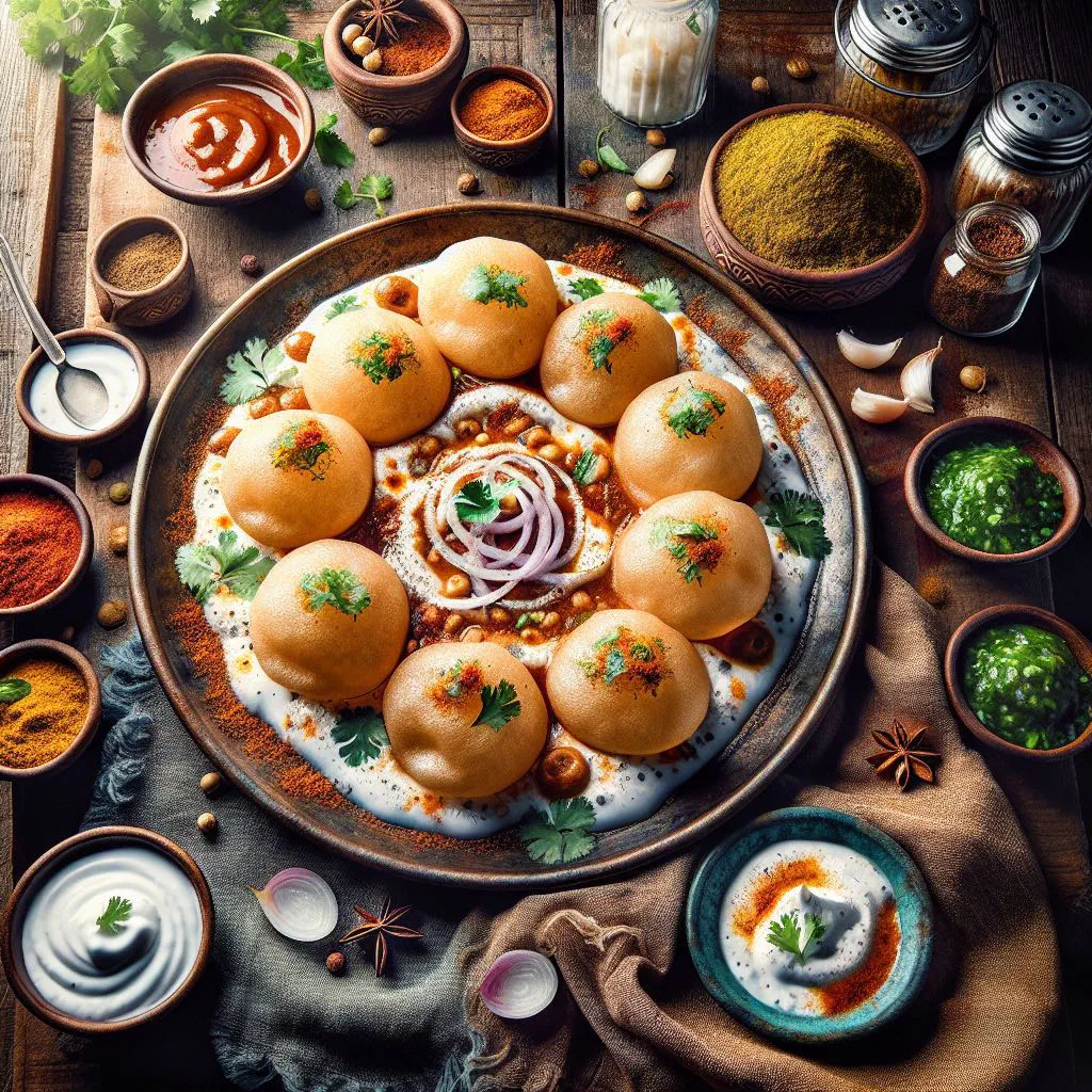 Crispy puri shells filled with potatoes, chickpeas and yogurt, topped with chutney and coriander