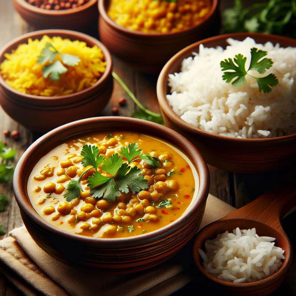 Bowl of spiced lentil dal served over fluffy basmati rice with fresh coriander