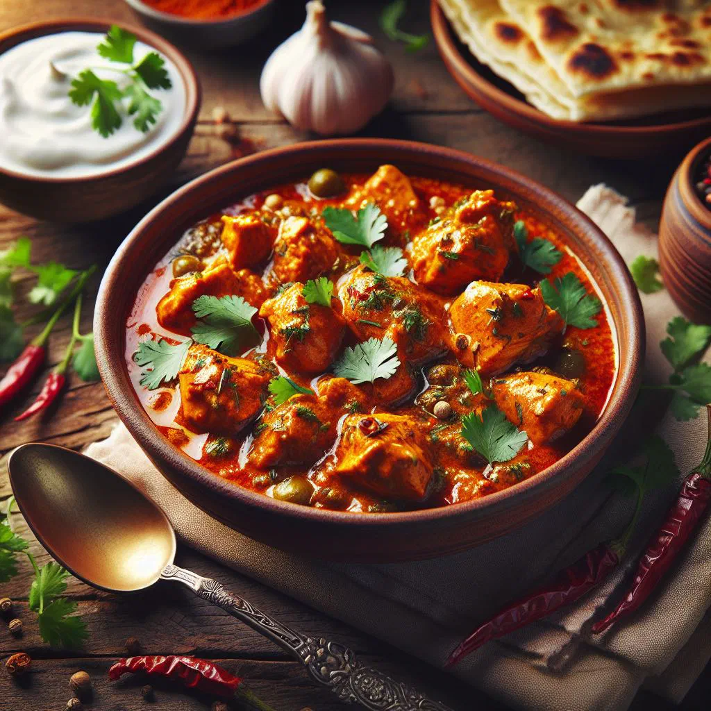 Degi chicken curry in a rich, spiced sauce garnished with fresh coriander