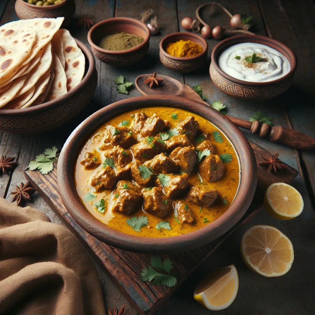 Degi korma with tender meat in a rich, aromatic sauce garnished with fresh coriander