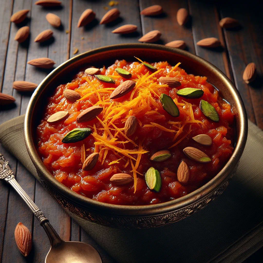 Warm carrot halwa topped with chopped pistachios and almonds
