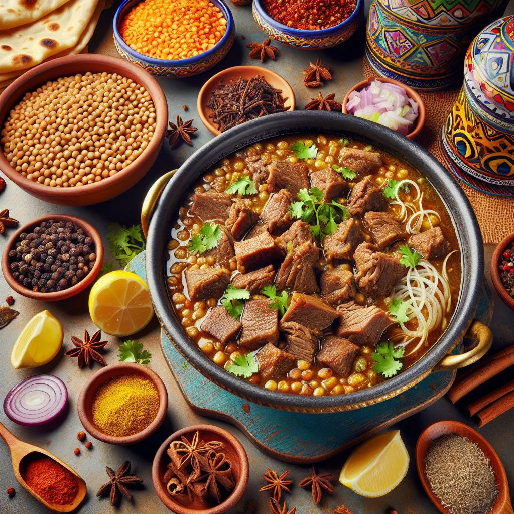 A bowl of creamy haleem garnished with fried onions, coriander and lemon