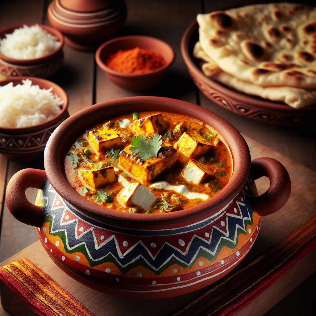 Handi paneer in a clay pot with creamy tomato sauce and fresh coriander