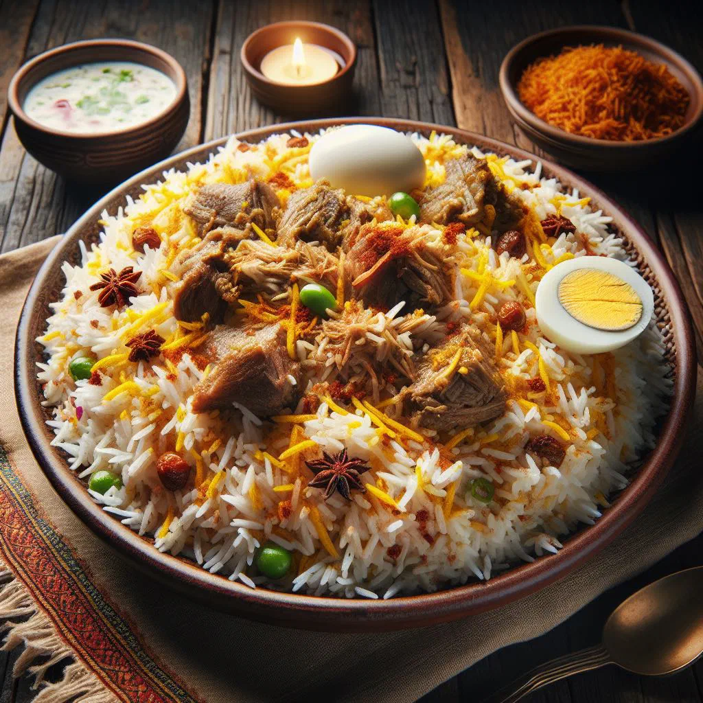 Hyderabadi biryani with saffron basmati rice, tender meat and fried onions