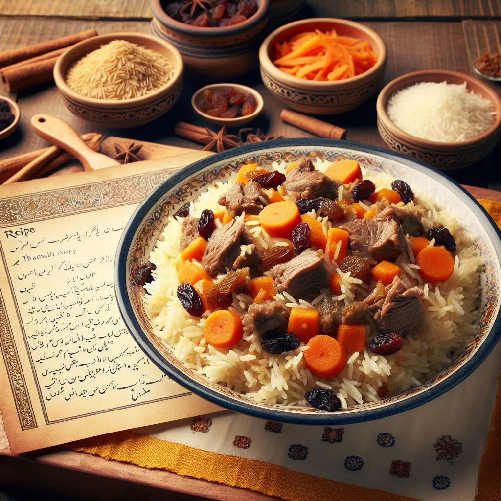 Kabuli pulao with fragrant basmati rice, tender meat, raisins and carrot strips
