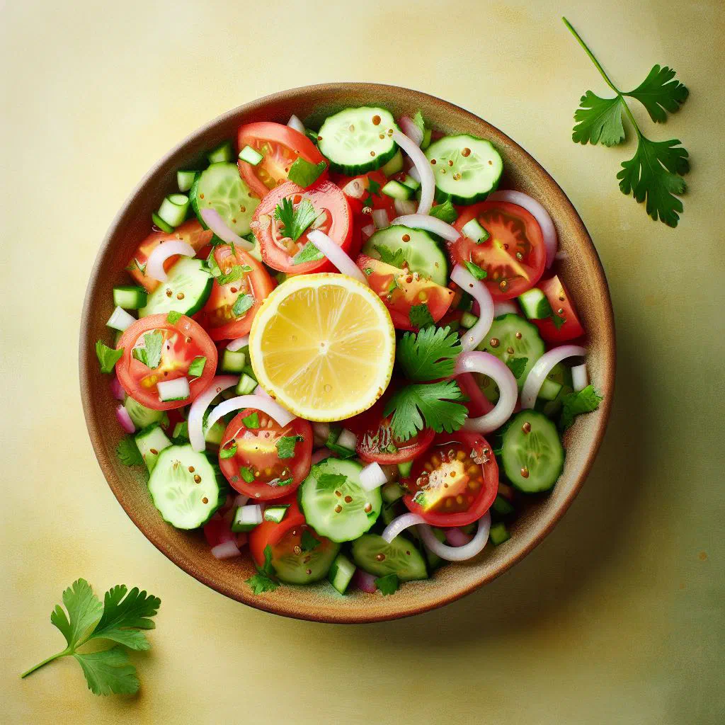 Fresh kachumber salad with diced cucumber, tomato and onion in a bowl