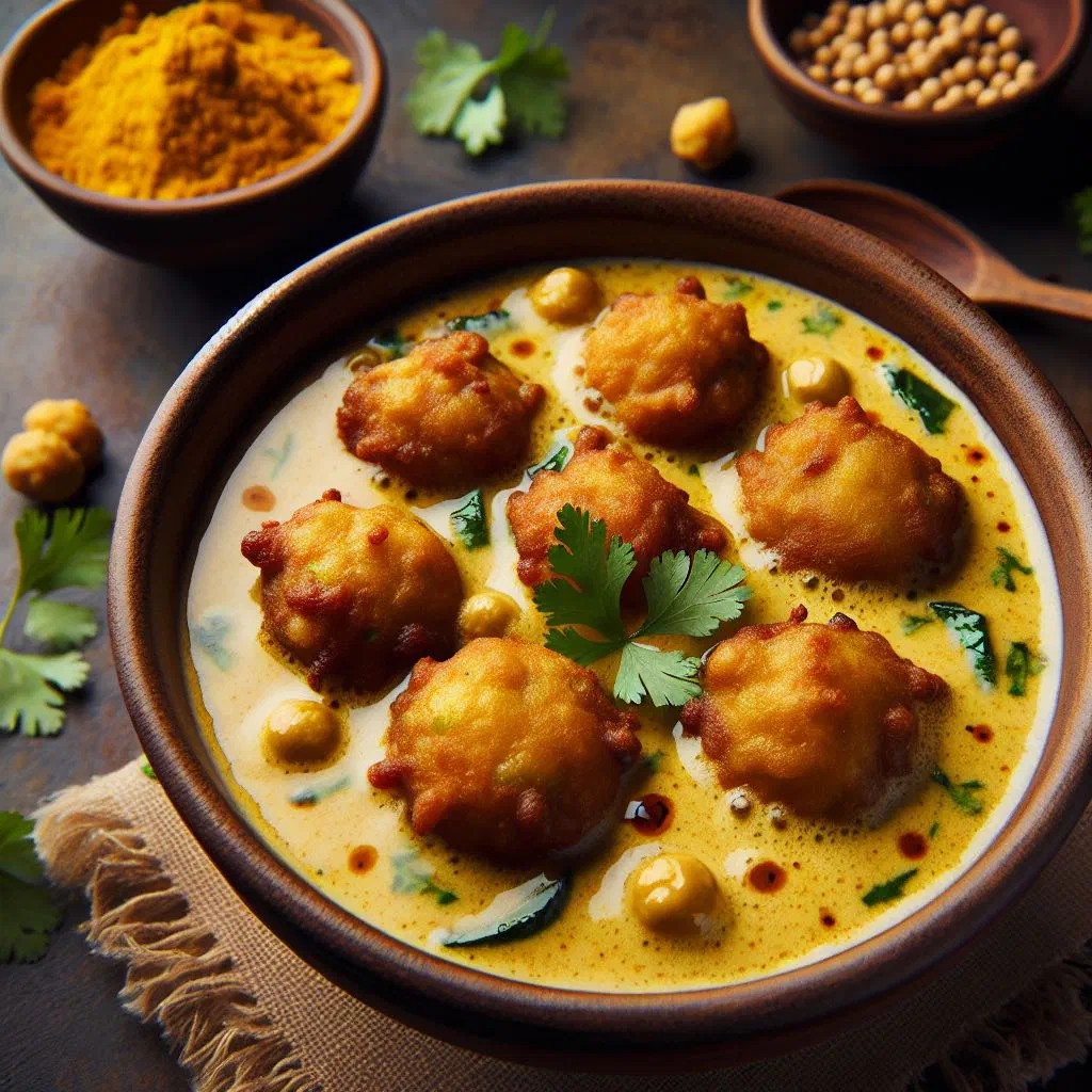 Crispy gram flour pakoras in a golden spiced yoghurt curry